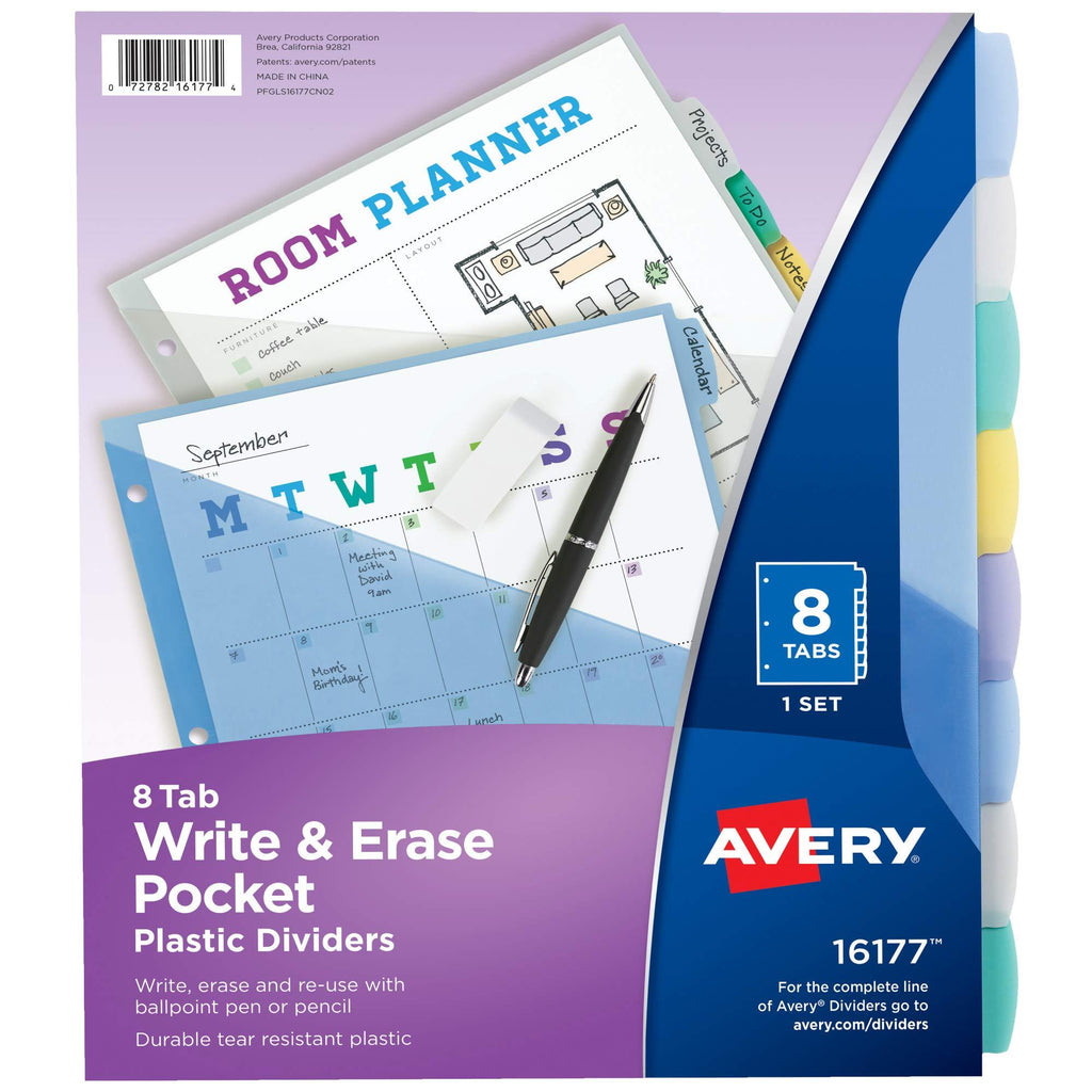 AVERY 8-Tab Plastic Binder Dividers with Pockets, Write & Erase Multicolor Big Tabs, 1 Set (16177) 1 Pack Pastel