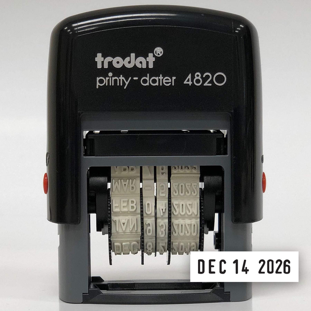 Trodat Date Stamp Printy 4820 Self Inking, Months in Letters, Imprint Black, 3/8” x 1-¼”