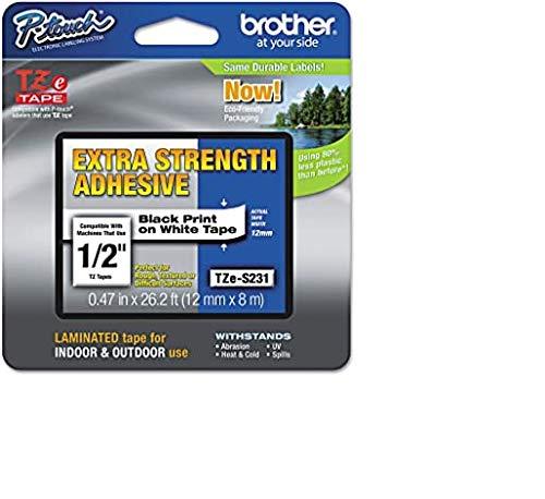 Brother Genuine P-touch TZE-S231 Label Tape, 1/2" (0.47") Extra Strength Adhesive Laminated P-touch Tape, Black on White, Laminated for Indoor or Outdoor Use, Water Resistant, 26.2 Feet (8M), Single-Pack