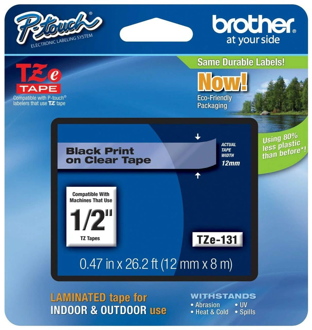 Brother Genuine P-touch TZE-131 Tape, 1/2" (0.47") Standard Laminated P-touch Tape, Black on Clear, Perfect for Indoor or Outdoor Use, Water Resistant, 26.2 Feet (8M), Single-Pack