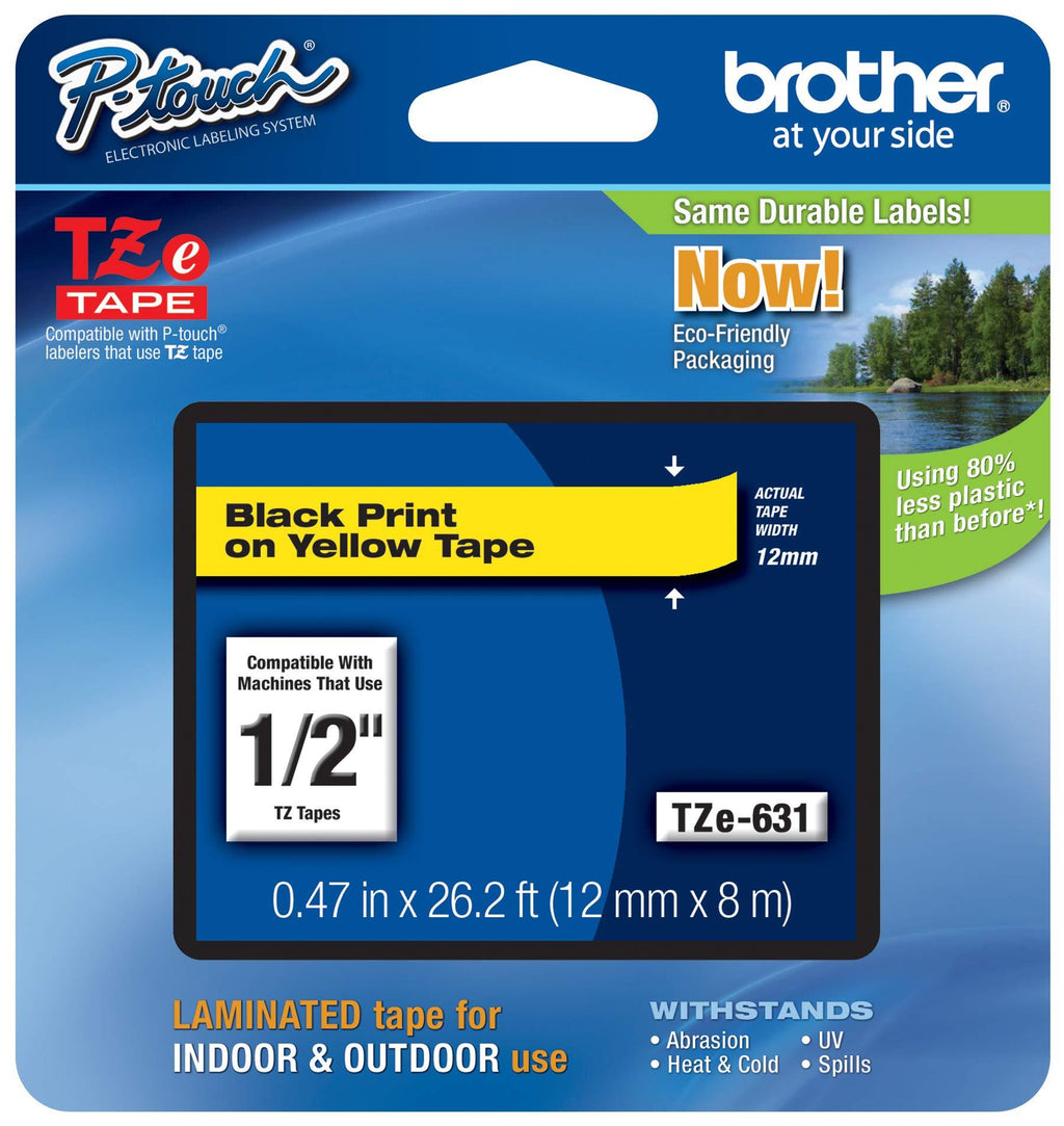 Brother Genuine P-touch TZE-631 Tape, 1/2" (0.47") Standard Laminated P-touch Tape, Black on Yellow, Laminated for Indoor or Outdoor Use, Water Resistant, 26.2 Feet (8M), Single-Pack Black/Yellow