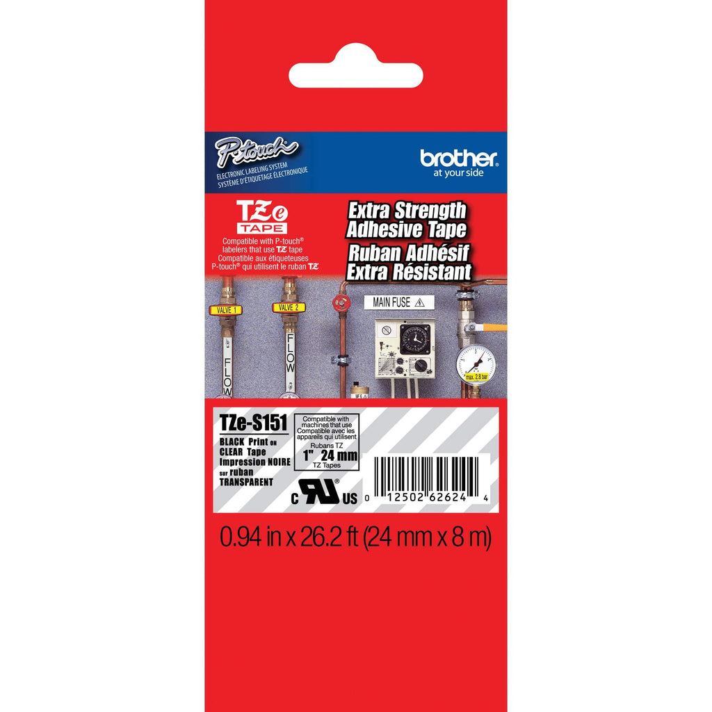 Brother Extra Strength Tape, Laminated Black on Clear, 24mm (Tzes151) - Retail Packaging