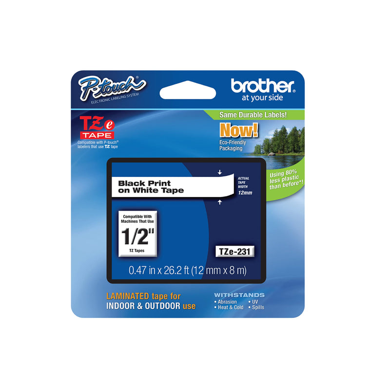 Brother Genuine P-touch TZE-231 Tape, 1/2" (0.47") Wide Standard Laminated Tape, Black on white, Laminated for Indoor or Outdoor Use, Water-Resistant, 0.47" x 26.2' (12mm x 8M), TZE231 Black on White Standard