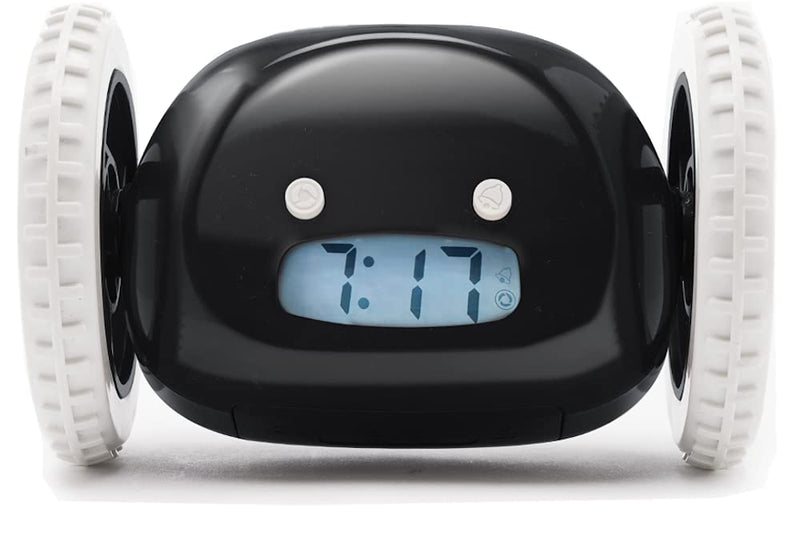 Clocky Alarm Clock on Wheels (Original) |Extra Loud for Heavy Sleeper (Adult or Kid Bed-Room Robot Clockie) Funny, Rolling, Run-away, Moving, Jumping (Black) Black