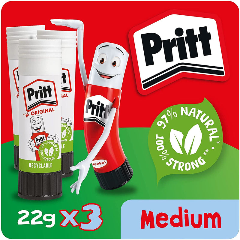 Pritt Stick Original Multi Pack/Childproof and Washable Glue Stick for Paper, Cardboard and Felt / 3 x 22g Single