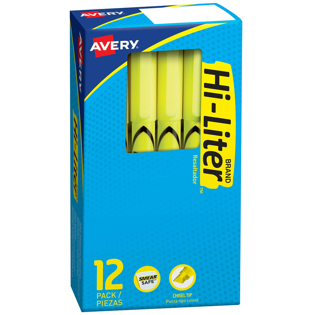 AVERY Hi-Liter Pen-Style Highlighters, Smear Safe Ink, Chisel Tip, 12 Fluorescent Yellow Highlighters (23591) 12 Highlighters