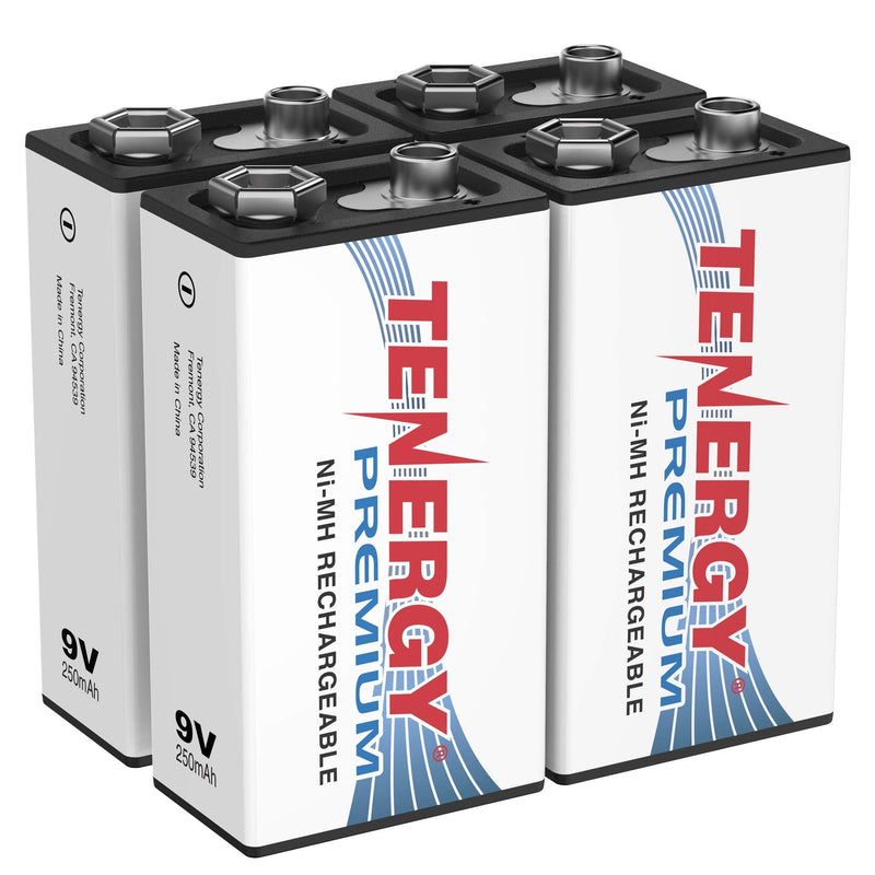 Tenergy Premium 9V Batteries Rechargeable High Drain 250mAh NiMH 9V Square Battery for Smoke Alarm/Detector, 4 Pack 4 pcs