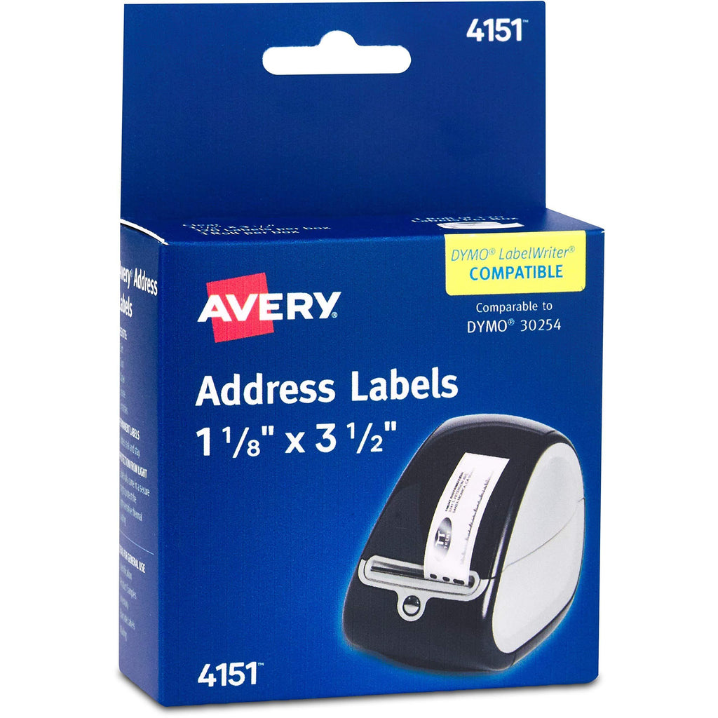 Avery Labels for Dymo Label Printers, Same Size as Dymo 30252, Glossy Clear, 1-1/8'' x 3-1/2'', Roll of 120 Labels (4151)