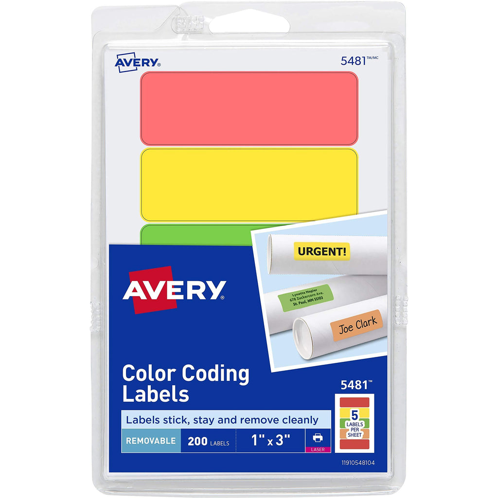 Avery 05481 Removable Color Code Laser Labels, 1-Inch x 3-Inch, Neon Colors, 200/Pack