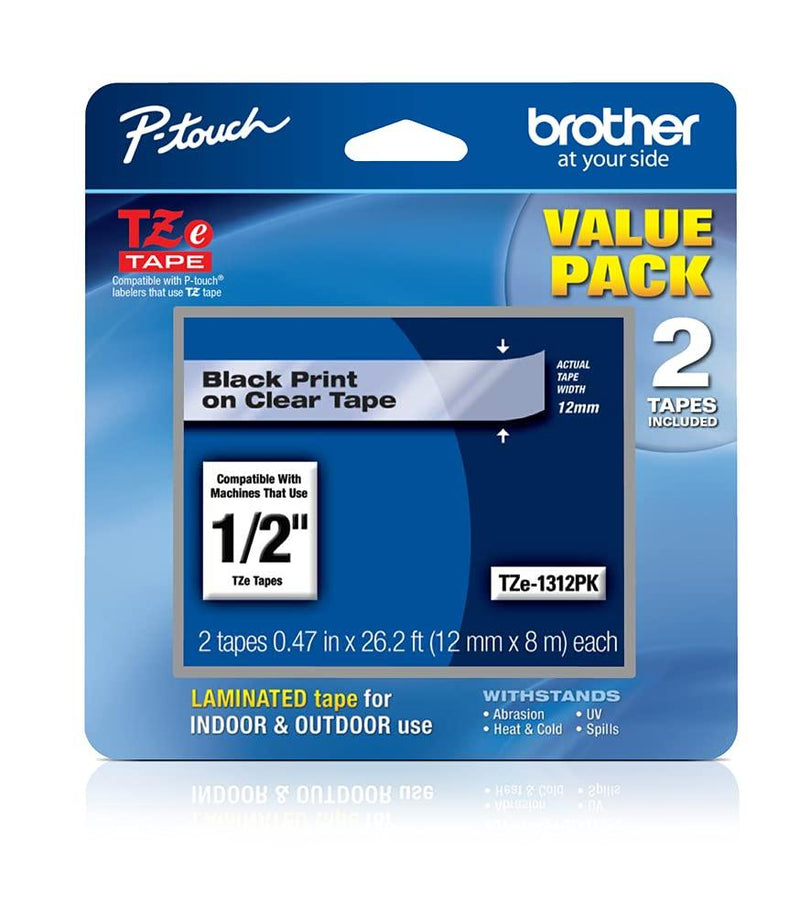 Brother Genuine P-touch TZE-1312PK Tape, 1/2" (0.47") Standard Laminated P-touch Tape, Black on Clear, Perfect for Indoor or Outdoor Use, Water Resistant, 26.2 Feet (8M) each, Two-Pack