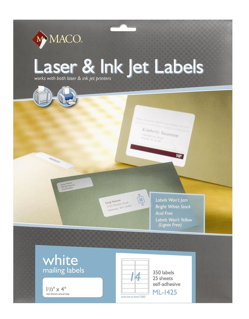 MACO Laser/Ink Jet White Address Labels, 1-1/3 x 4 Inches, 14 Per Sheet, 350 Per Box (ML-1425)