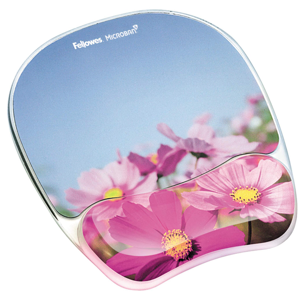 Fellowes Photo Gel Mouse Pad and Wrist Rest with Microban Protection, Pink Flowers (9179001) Blue/Pink