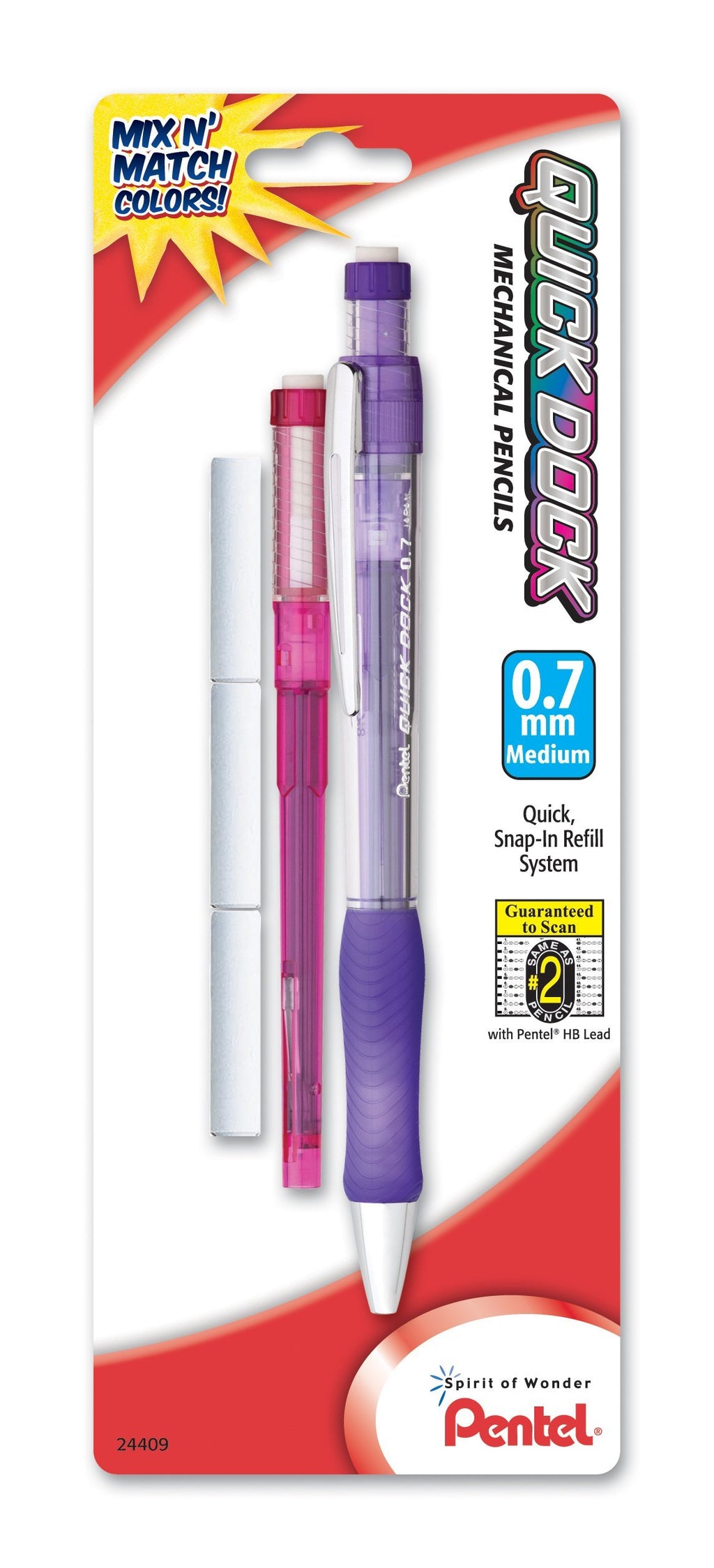 Pentel Quick Dock Colors, 0.7mm, Medium Line, 1 Pencil, 1 Refill Cartridge and 3 Erasers, Assorted Barrel and Cartridge Colors (QD7LECRBP)