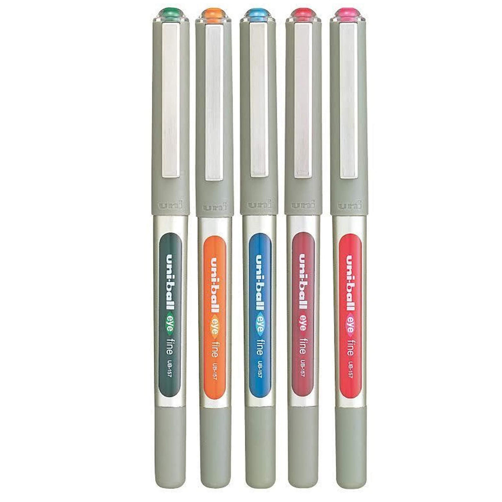 Uni-Ball UB-157 Eye Rollerball Pen Set - Pack of 5 Swatch Colours (Green, Light Blue, Pink, Orange, Red) UB157