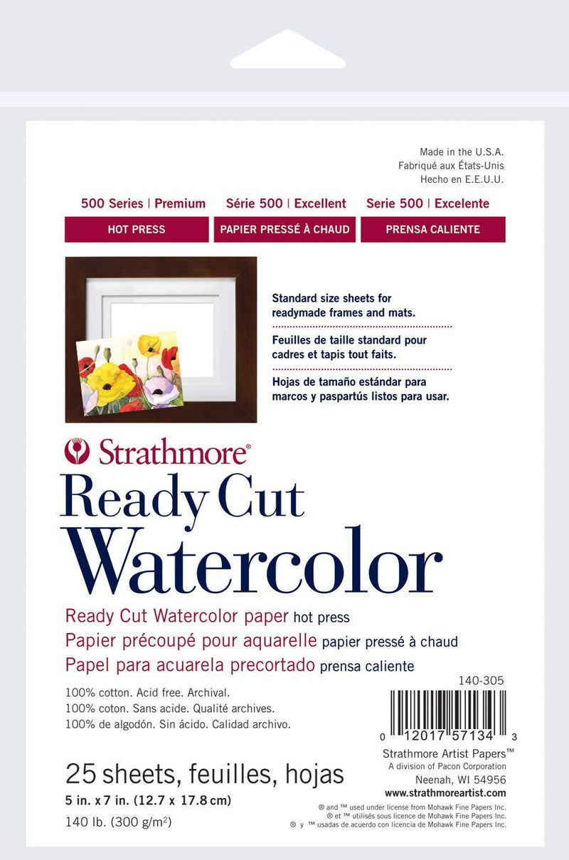 Strathmore 140-305 500 Series Ready Cut Watercolor Paper, 140 lb. Hot Press, 5"x7", 25 Sheets, Multicolor 5' x 7"