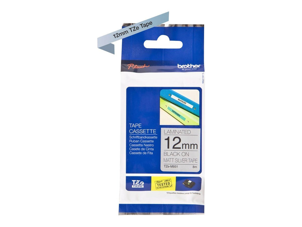 Brother TZe-M931 Labelling Tape Cassette, 12 mm (W) x 8 m (L), Laminated, Brother Genuine Supplies - Black on Matt Silver