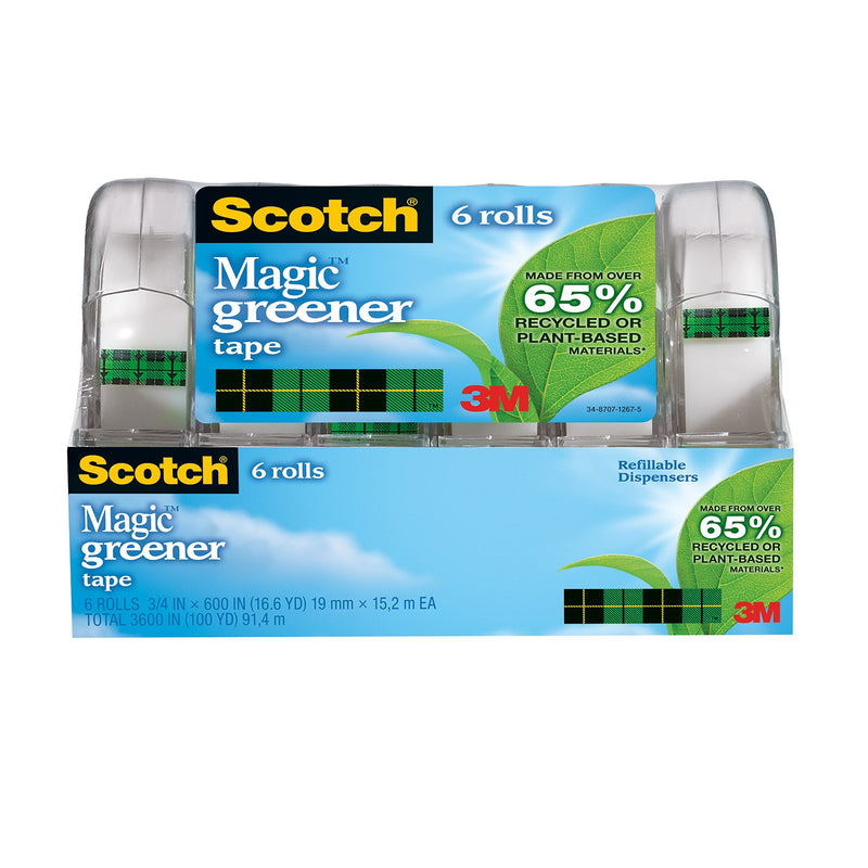 Scotch Magic Greener Tape, 6 Rolls, Numerous Applications, Invisible, Engineered for Repairing, 3/4 x 600 Inches, Dispensered (6123)