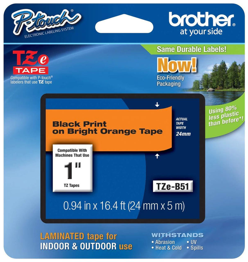 Brother Genuine P-touch TZE-B51 Tape, 1" (0.94") Wide Standard Laminated Tape, Black on Fluorescent Orange, Laminated for Indoor or Outdoor Use, Water-Resistant, 0.94" x 16.4' (24mm x 5M), TZEB51 1 Inch