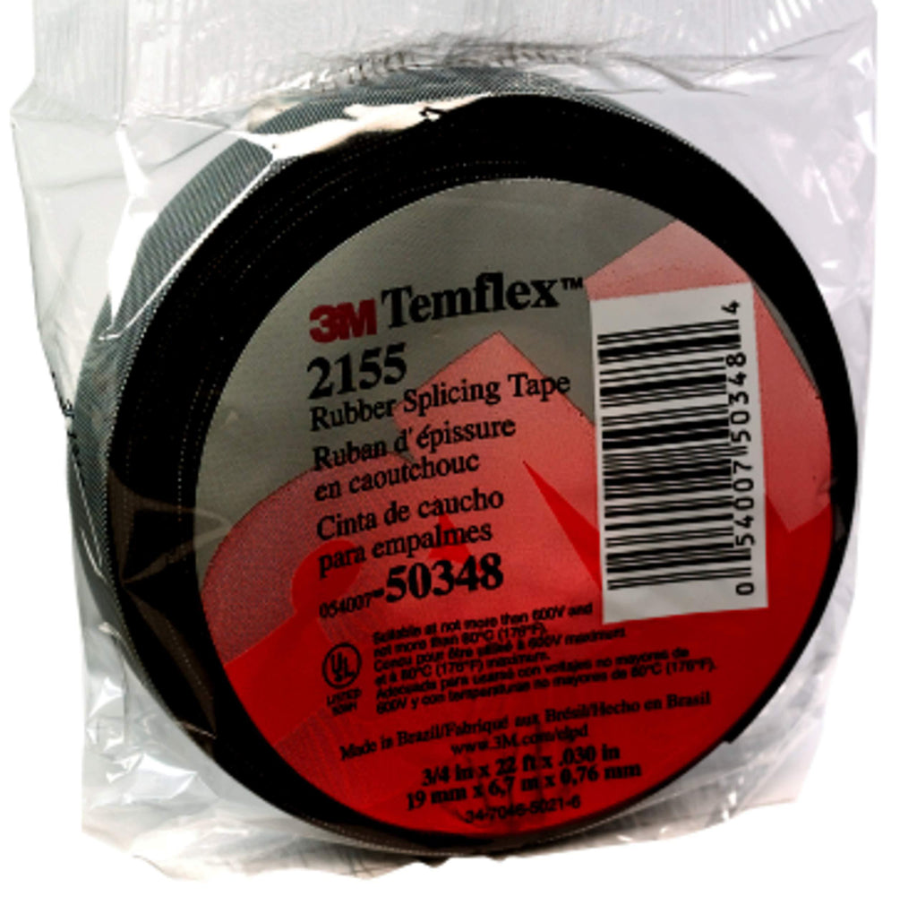 3M Temflex Rubber Splicing Tape 2155, 3/4 in x 22 ft, Black, General Purpose Self-Fusing Electrical Insulating Tape, 1 Roll 3/4" X 22'