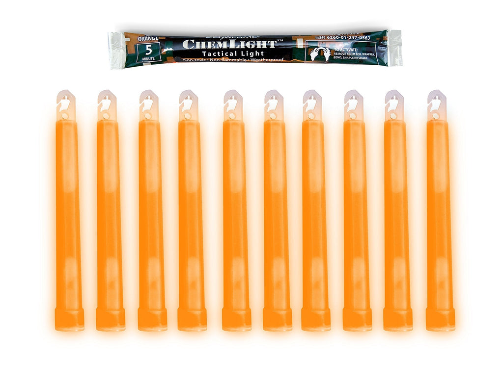 Cyalume - 9-03630 ChemLight Military Grade Chemical Light Sticks – 5 Minute Duration Light Sticks Provide Intense Light, Ideal as Emergency or Safety Lights and Much More, Standard Issue for U.S. Military Personnel – Orange, 6” Long (Pack of 10)