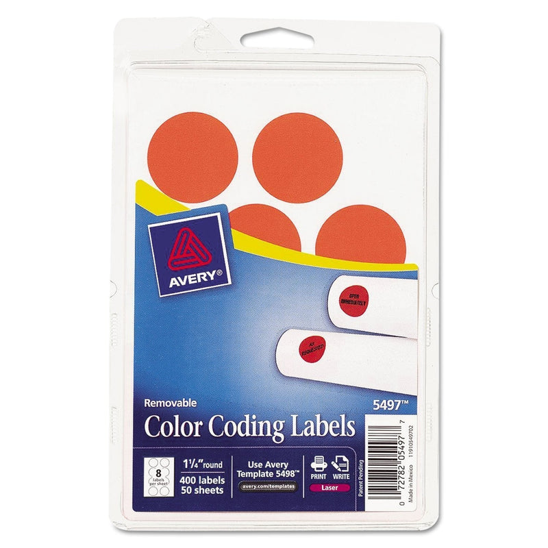 Avery 05497 Printable Removable Color-Coding Labels, 1 1/4-Inch Dia, Neon Red, 400/Pack