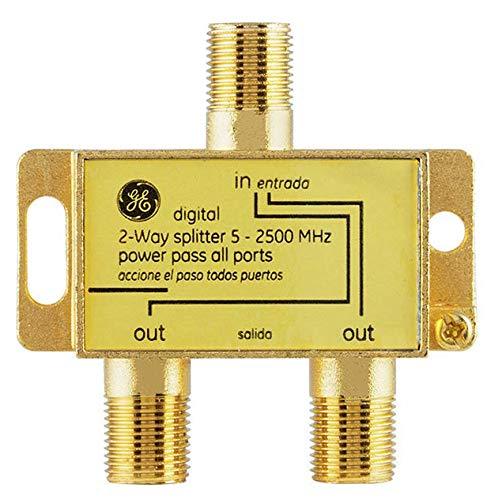 GE Digital 2-Way Coaxial Cable Splitter, 2.5 GHz 5-2500 MHz, RG6 Compatible, Works with HD TV, Satellite, High Speed Internet, Amplifier, Antenna, Gold Plated Connectors, Corrosion Resistant, 33526 1 Pack