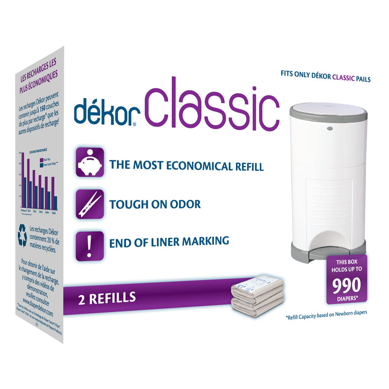 Dekor Classic Diaper Pail Refills | 2 Count | Most Economical Refill System | Quick & Easy to Replace | No Preset Bag Size – Use Only What You Need | Exclusive End-of-Liner Marking | Baby Powder Scent 2 Count (Pack of 1)