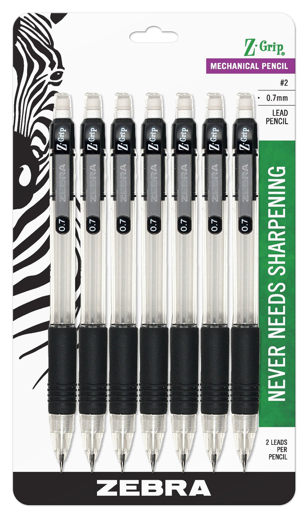 Zebra Z-Grip Mechanical Pencil, 0.7mm Point Size, HB #2 Graphite, Black Grip, 7-Count