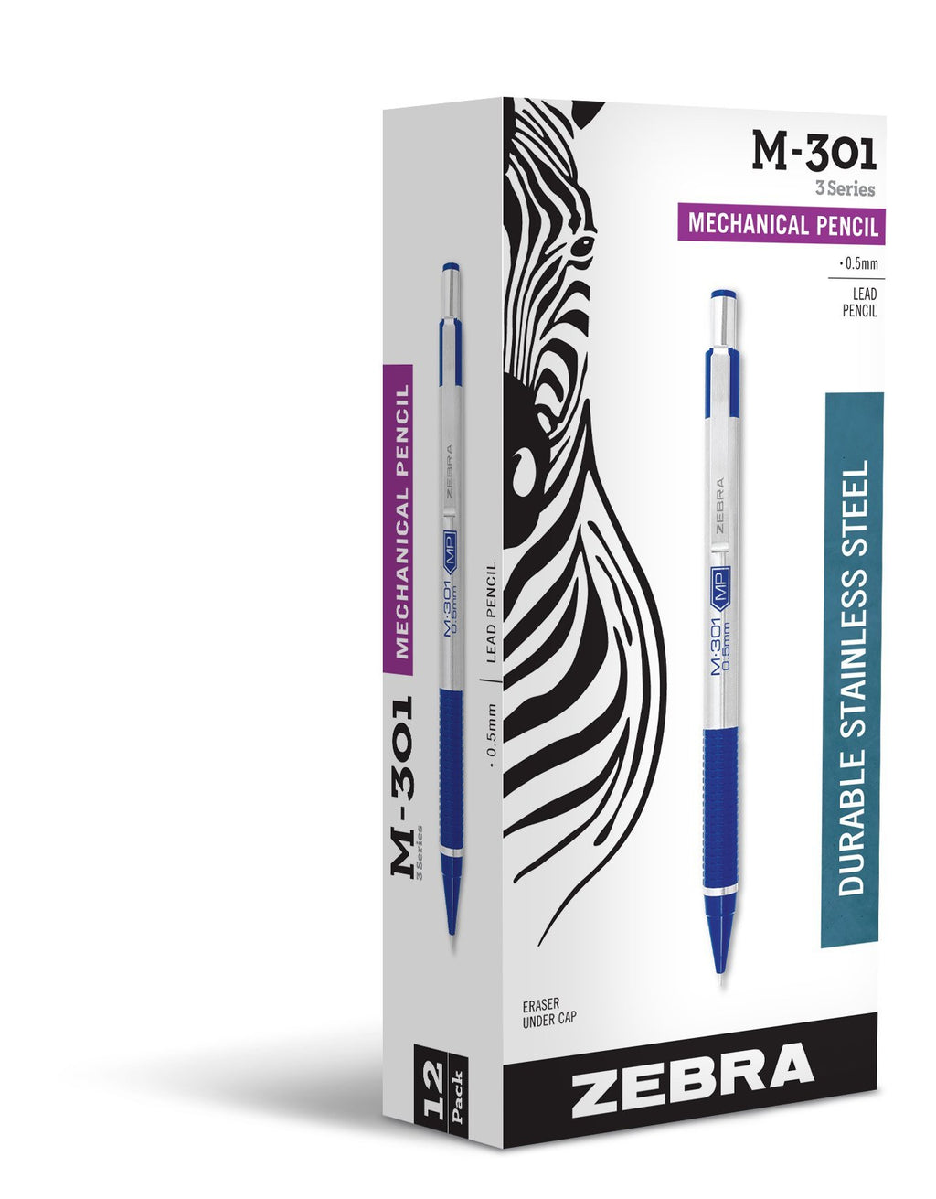 Zebra M-301 Stainless Steel Mechanical Pencil, 0.5mm Point Size, Standard HB Lead, Blue Grip, 12-Count 0.5mm(Blue)