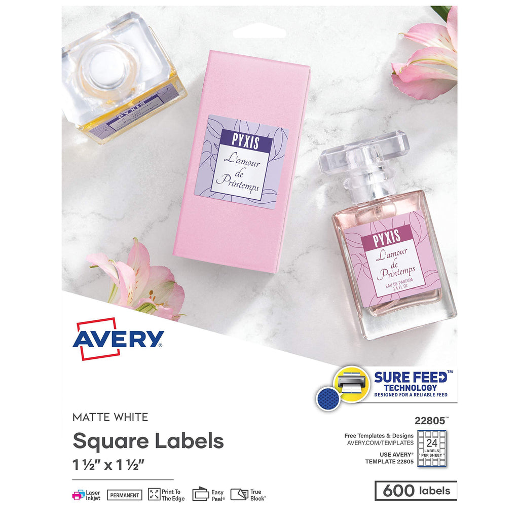 Avery Printable Blank Square Labels, 1.5" x 1.5", Matte White, 600 Customizable Labels (22805) 1.5 x 1.5 Specialty Labels