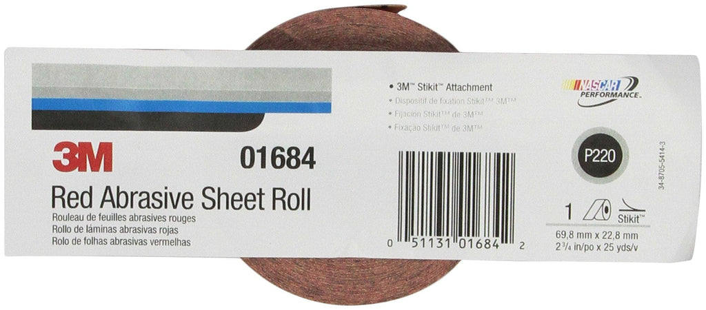 3M Red Abrasive Stikit Sheet Roll, 01684, P220, 2-3/4 in x 25 yd 1