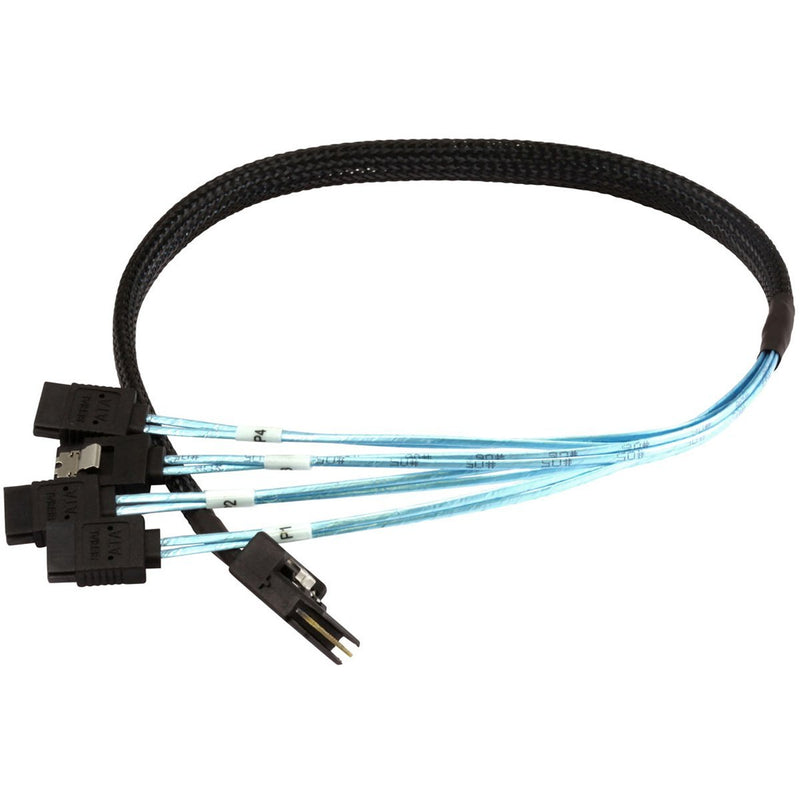 Monoprice 0.5m 30AWG Internal Mini SAS 36pin (SFF-8087) Male w/ Latch to SATA 7pin Female (x4) Forward Breakout Cable - Black