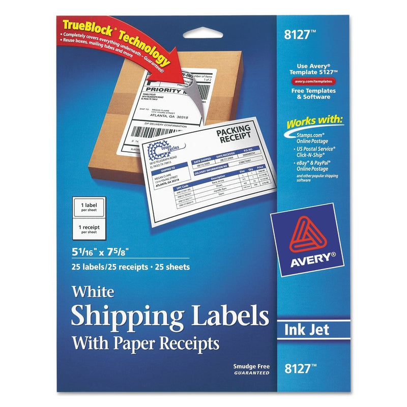 Avery Shipping Labels w/Paper Receipts and TrueBlock Technology for Inkjet Printers 5-1/16 x 7-5/8, Pack of 25 (8127)