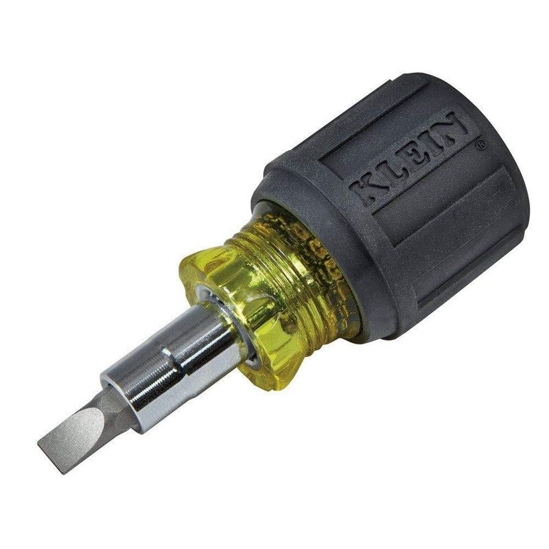 Klein Tools 6-in-1 Multi-Bit Screwdriver / Nut Driver, Stubby 32561 Yellow/Black, 3/16-Inch and 1/4-Inch Slotted, #1 and #2 Phillips, 1/4-Inch and 5/16-Inch Nut Drivers