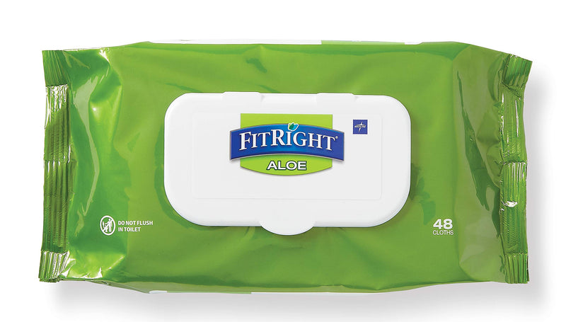 Medline-MSC263654 FitRight Aloe Personal Cleansing Cloth Wipes, Scented, Pack of 48, 8 x 12 inch Adult Large Incontinence Wipes