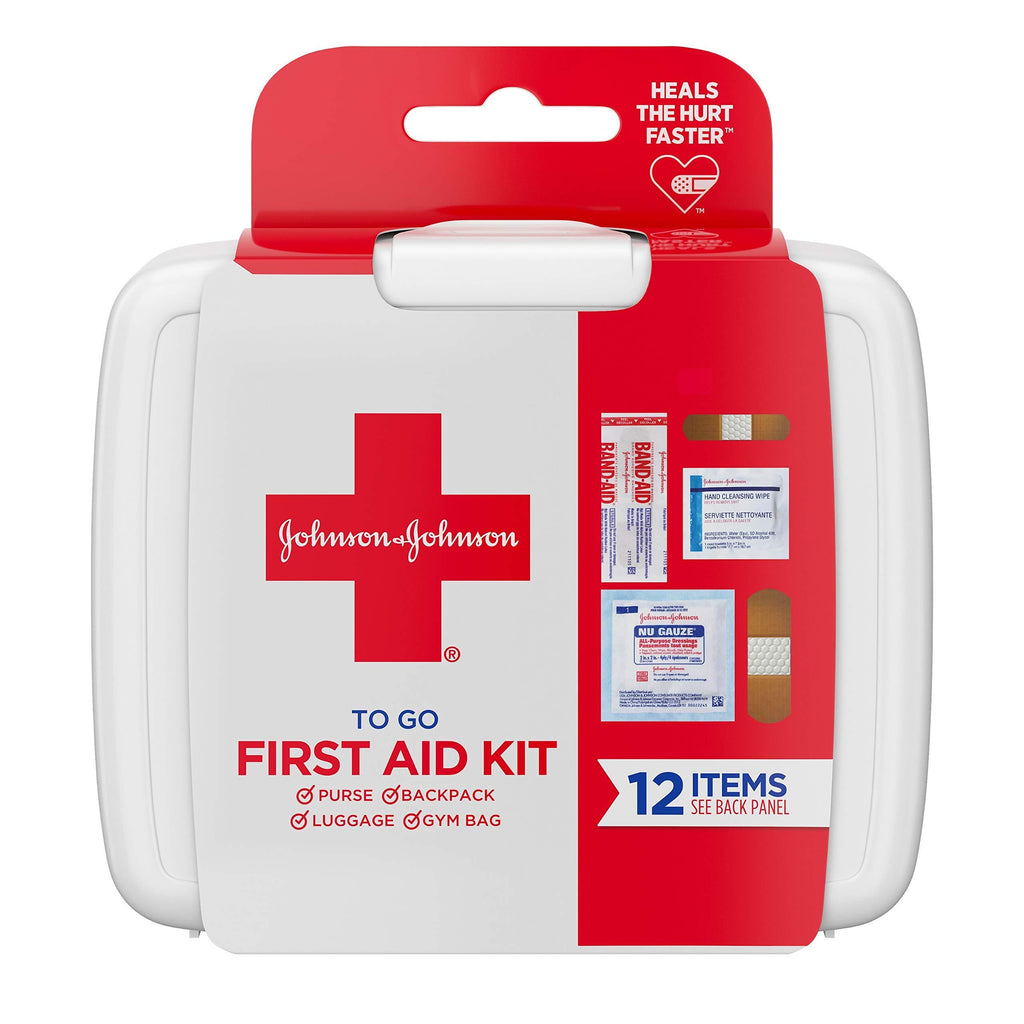 J&J Red Cross First Aid To Go Mini Portable Emergency Wound Care Travel Kit with Adhesive Bandages, Gauze Pads & Wipes for Purse, Backpack, Gym Bag, Car or Luggage, 12 Count