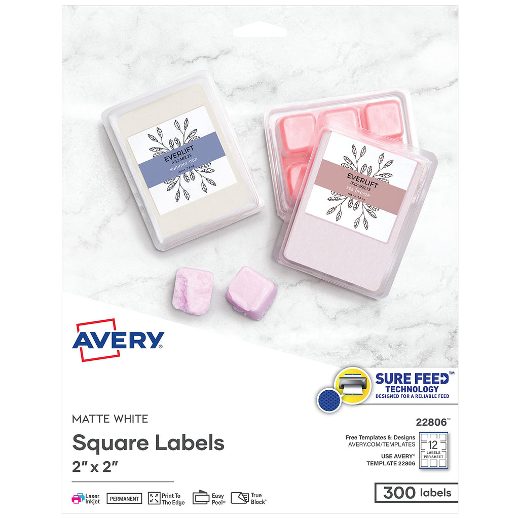 Avery Printable Blank Square Labels, 2" x 2", Matte White, 300 Customizable Labels (22806) 300 Labels