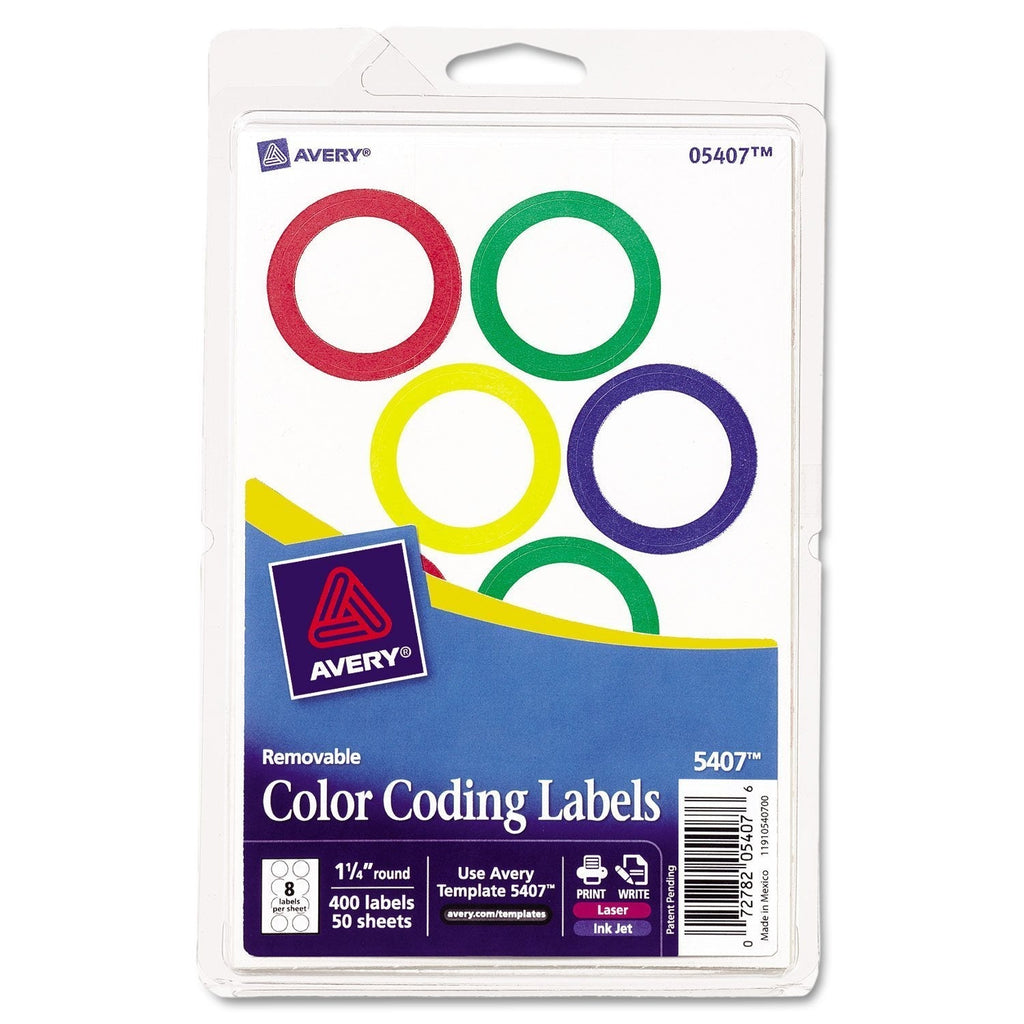 Avery 5407 Printable Removable Color-Coding Labels, 1 1/4-Inch Dia, Assorted Borders, 400/BX