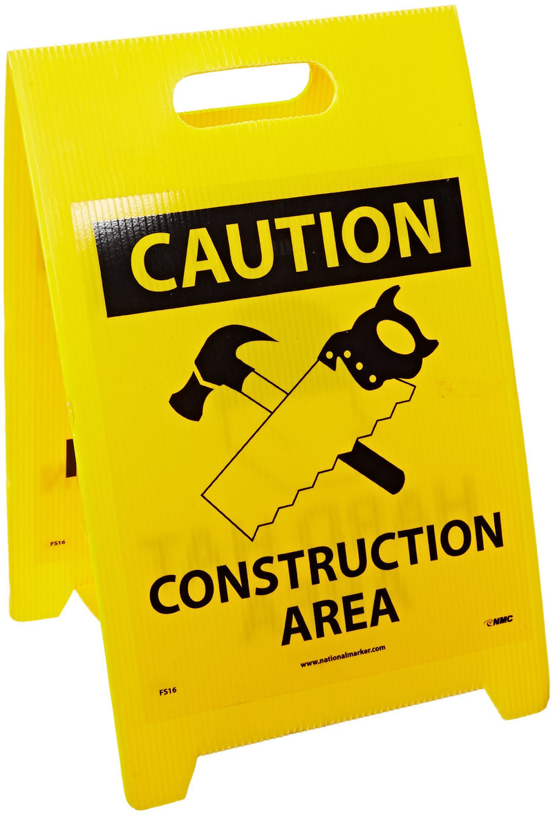 NMC FS16 Double Sided Floor Sign, Legend "CAUTION - HARD HAT AREA CONSTRUCTION AREA" with Graphic, 12" Length x 20" Height, Coroplast, Black on Yellow