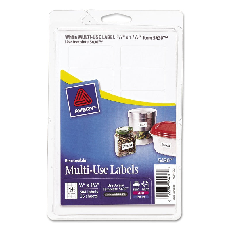 Avery Print or Write Removable Multi-Use Labels, 3/4 x 1-1/2, White, 504/Pack