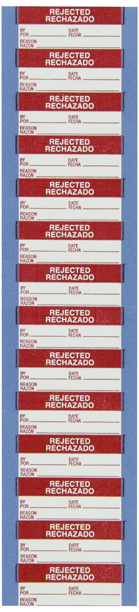 Brady WOS-1 Repositionable Vinyl Cloth Bilingual Quality Control Labels , Red On White, 1.500" x 0.625" (38.100 Mm x 15.880 Mm), Legend "Rejected Rechazado" (14 Per Card, 1 Card Per Package)