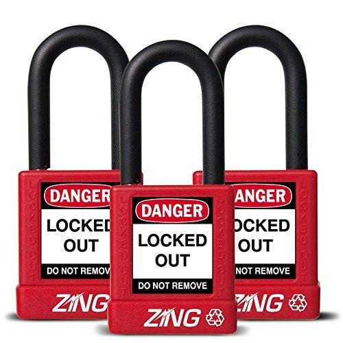 ZING 7062 RecycLock Safety Padlock, Keyed Alike,1-1/2" Shackle, 1-3/4" Body, Red, 3 Pack