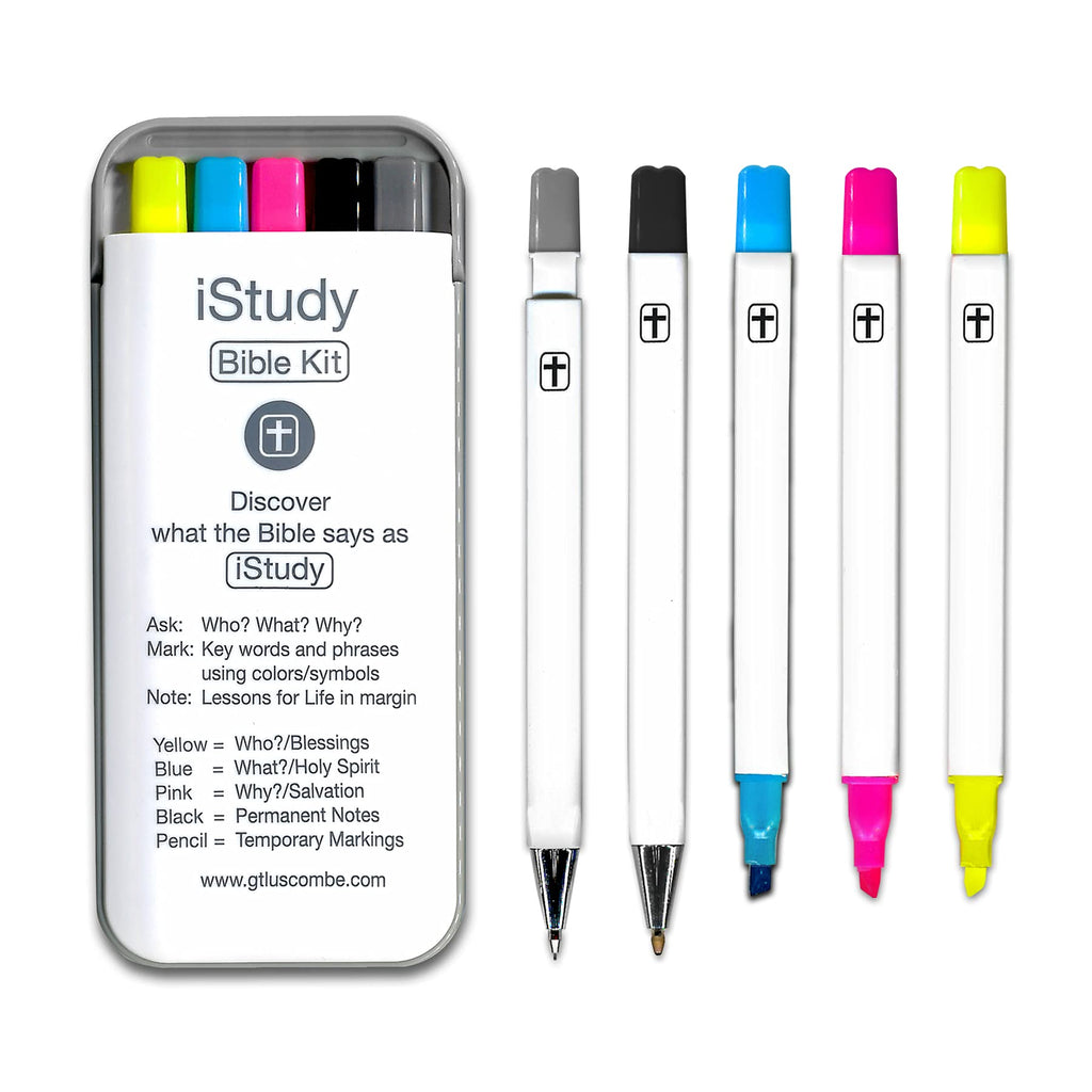 G.T. Luscombe Company, Inc. iStudy Bible Study Kit | No Bleed Pigmented Ink | Bible Safe | No Smearing or Fading | Highlighters Blue, Pink, Yellow, Black Pen & Mechanical Pencil with Case (Set of 5)