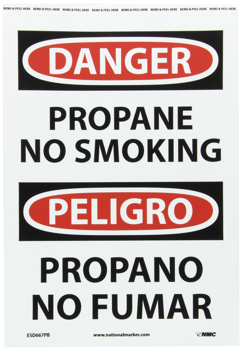 NMC ESD667PB Bilingual OSHA Sign, Legend "DANGER - PROPANE NO SMOKING", 10" Length x 14" Height, Pressure Sensitive Adhesive Vinyl, Black/Red on White