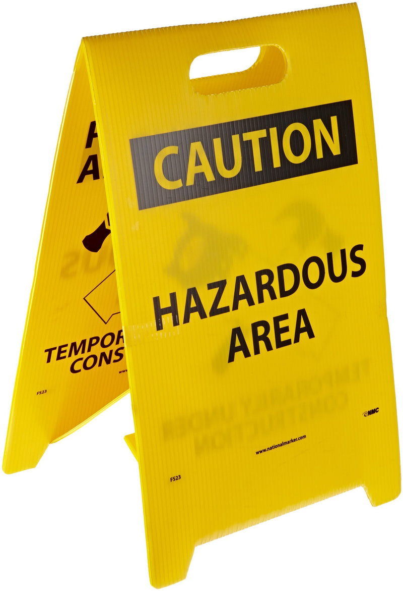NMC FS23 Double Sided Floor Sign, Legend "PARDON OUR APPEARANCE TEMPORARILY UNDER CONSTRUCTION CAUTION HAZARDOUS AREA" with Graphic, 12" Length x 20" Height, Coroplast, Black on Yellow