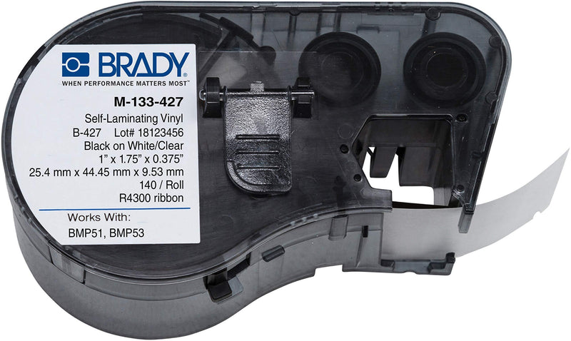 Brady - 143256 M-133-427 Vinyl B-427 Black on White/Clear Label Maker Cartridge, 1-3/4" Width x 1" Height, For BMP51/BMP53 Printers