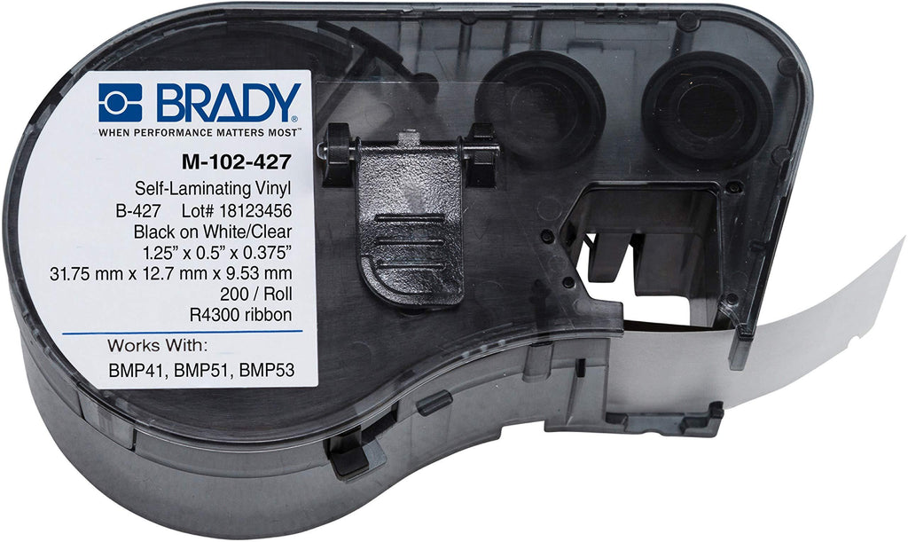 Brady - 143261 M-102-427 Vinyl B-427 Black on White/Clear Label Maker Cartridge, 1/2" Width x 1-1/4" Height, 0.375" Printable Area, For BMP51/BMP53 Printers