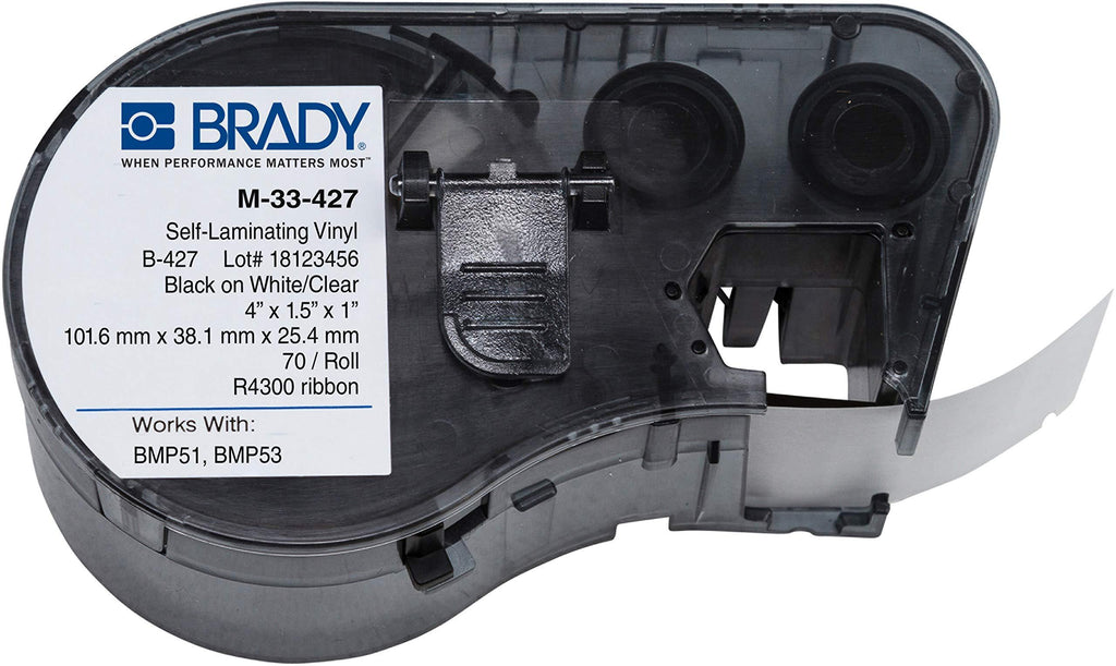 Brady - 143271 M-33-427 Vinyl B-427 Black on White/Clear Label Maker Cartridge, 4" Width x 1-1/2" Height, For BMP51/BMP53 Printers