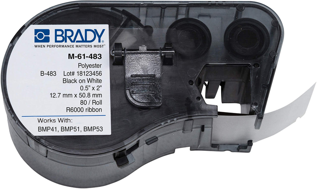 Brady - 143304 M-61-483 Polyester B-483 Black on White Label Maker Cartridge, 2" Width x 1/2" Height, For BMP51/BMP53 Printers