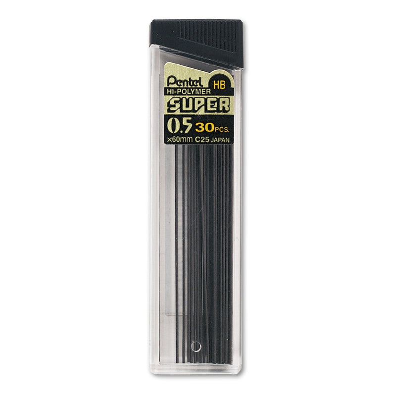 Pentel C25HB Super Hi-Polymer Lead Refills, 0.5mm, HB, Black, 30/Tube